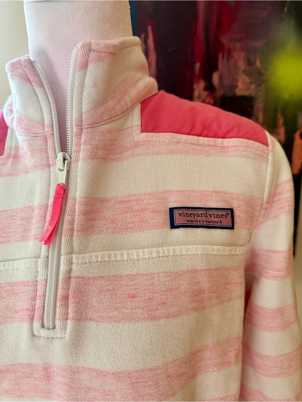 Vineyard Vines Pink and White Striped Quarter-Zip Pullover